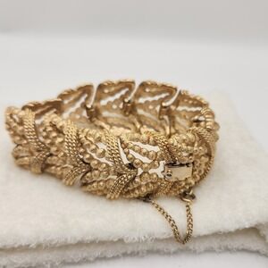 Vintage Monet Goldtone Openwork Link Bracelet Textured Beaded Glamour Classic